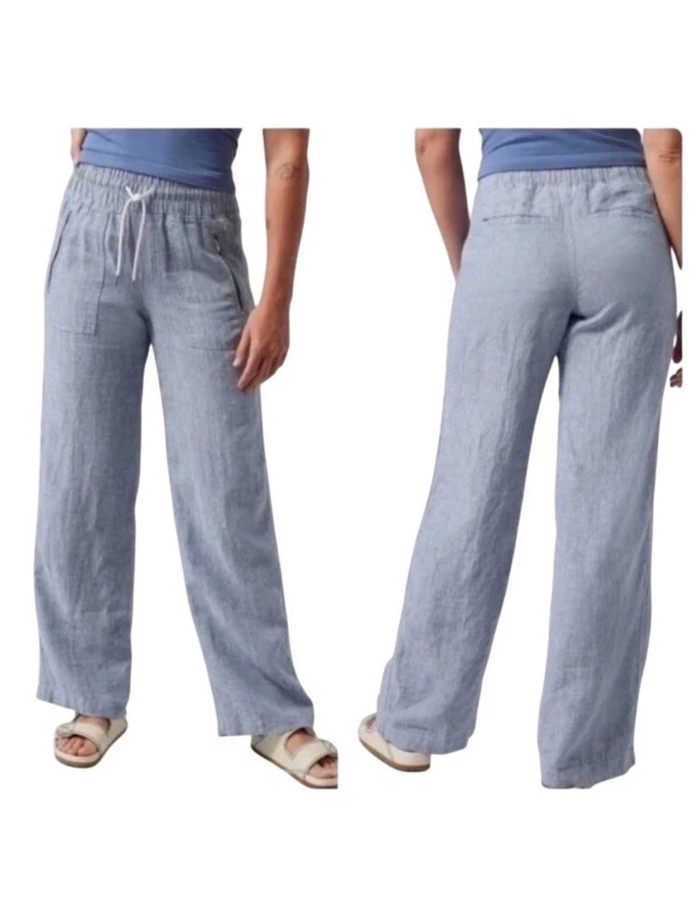 Athleta Cabo Linen Wide Leg Pants Blue Chambray Women 14